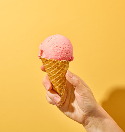 pink ice cream in human hand on yellow backgroundの写真素材
