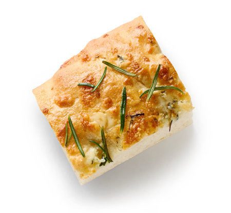 freshly baked italian flat bread focaccia isolated on white background, top viewの写真素材