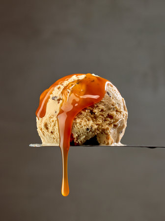 ice cream scoop with flowing melted caramel sauce drop on dark grey wall backgroundの写真素材