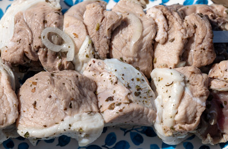 marinated pork meat skewers ready for grillingの写真素材