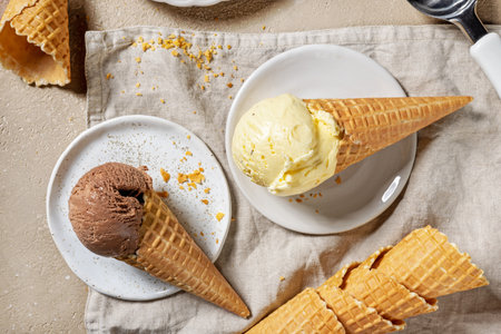 chocolate and vanilla ice cream in waffle cones on plates, top view
