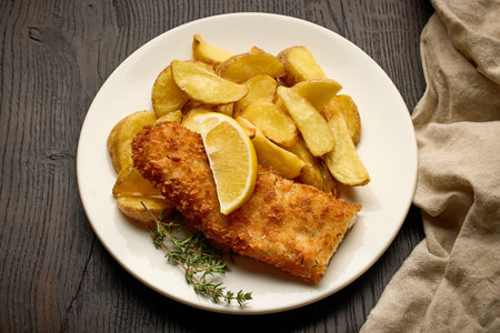 plate of fish and chips, breaded fish fillet and fried potato wedges on dark wooden table, top view