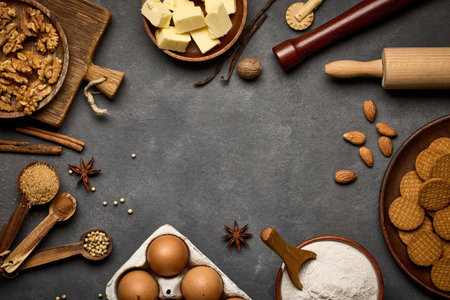various baking ingredients on dark grey backgroundの写真素材