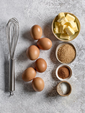 various baking ingredients on light grey kitchen table, top view