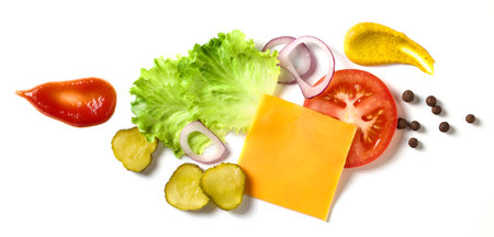 various food ingredients isolated on white background, top viewの写真素材