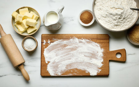various baking ingredients on light grey painted kitchen table background, top view
