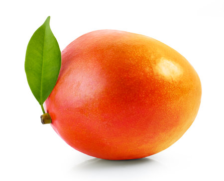 fresh ripe mango fruit with green leaf isolated on white backgroundの写真素材