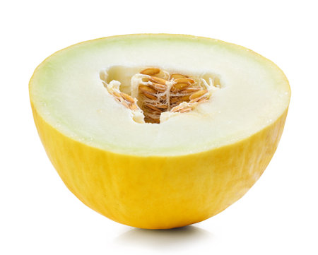 half of fresh ripe juicy melon isolated on white backgroundの写真素材