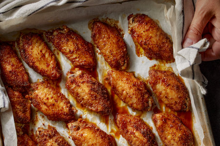 closeup of baked crispy spicy chicken wings, top viewの写真素材