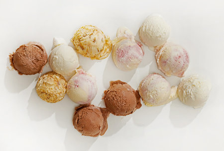 set of various ice cream balls isolated on white background, top viewの写真素材
