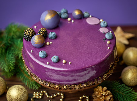 Beautiful purple decorated cake with various christmas ornaments and decorations on wooden table and purple backgroundの写真素材