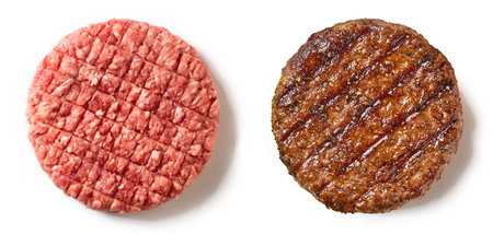 raw and grilled burger meat patties isolated on white background, top viewの写真素材