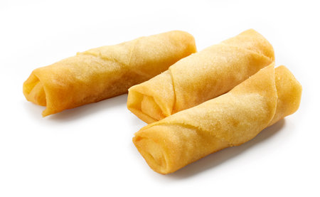 three fried springrolls isolated on white background