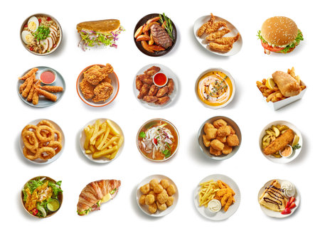 Set of various fast food isolated on white background, top view.  Junk food collection.  Burger, soup, fritted chicken and french fries, fish and chips, crepe and salad, steak, prawns, onion ringsの写真素材