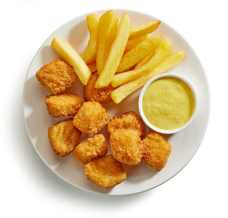 plate of fried fish fillet nuggets and french fries isolated on white background, top viewの写真素材