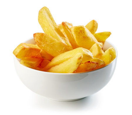 bowl of fried potatoes isolated on white backgroundの写真素材
