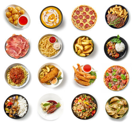 various food collection isolated on white background, top viewの写真素材