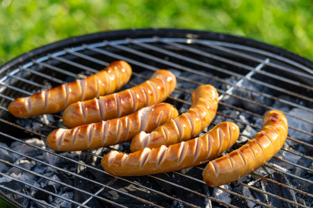 freshly grilled sausages on charcoal grill in the gardenの写真素材