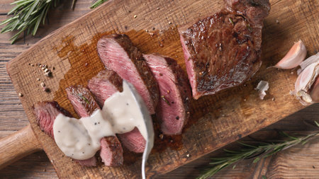Chef pours pepper sauce on a slices of freshly grilled beef steak meat on a wooden cutting board. Close-up of food, top viewの写真素材
