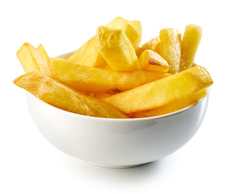 bowl of fried potatoes isolated on white backgroundの写真素材