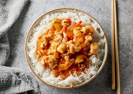 bowl of boiled rice with chicken sweet and sour sauce on grey kitchen table topの写真素材