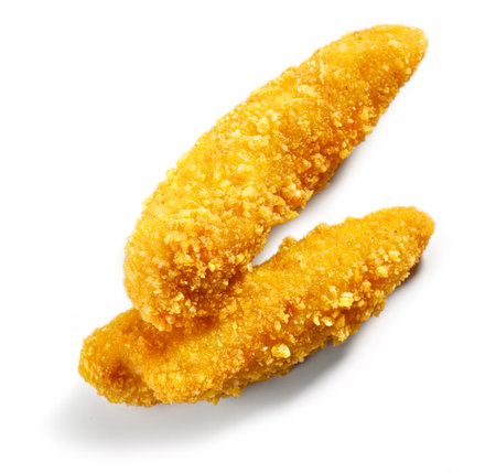fried chicken fillet strips isolated on white background, top viewの写真素材