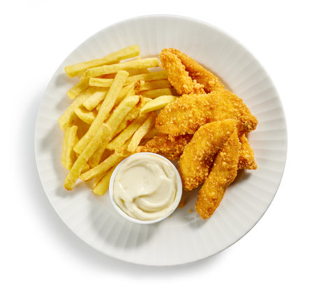 plate of chicken nuggets and french fries isolated on white background, top viewの写真素材