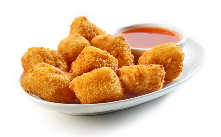 fried fish fillet nuggets isolated on white backgroundの写真素材