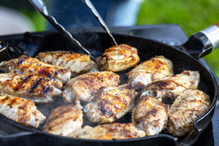 freshly grilled chicken wings on grill pan; selective focusの写真素材