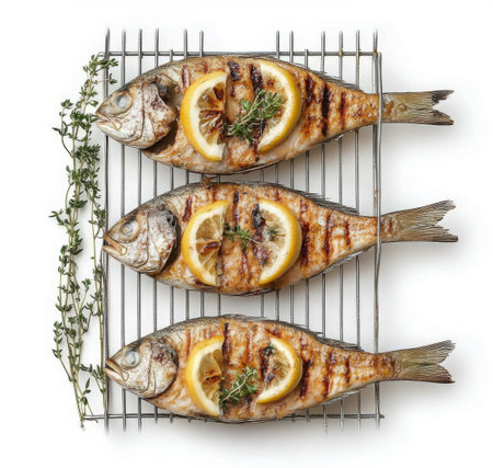 grilled delicious spicy fish with lemon and thyme isolated on white background, top viewの素材