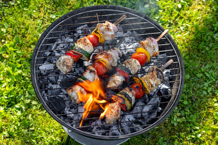 chicken meat and vegetable skewers are grilled in the garden, top viewの写真素材