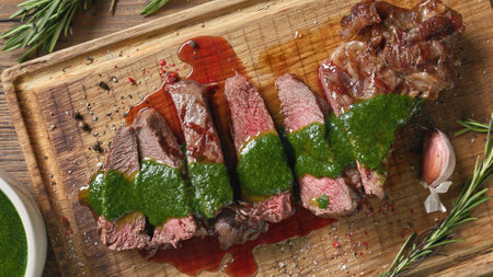 freshly grilled sliced steak with green parsley sauce on wooden cutting board, top viewの写真素材