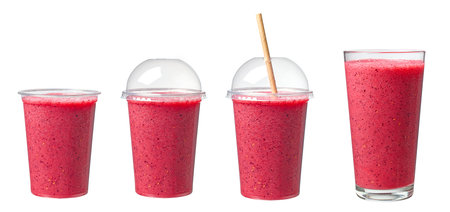 set of red blueberry and raspberry smoothie in take away cup and glass isolated on white backgroundの写真素材