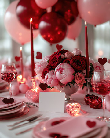 table setting with a romantic and elegant theme for valentine's day. The table is covered in a white tablecloth and adorned with red and pink balloons in the shape of hearts and red rosesの素材