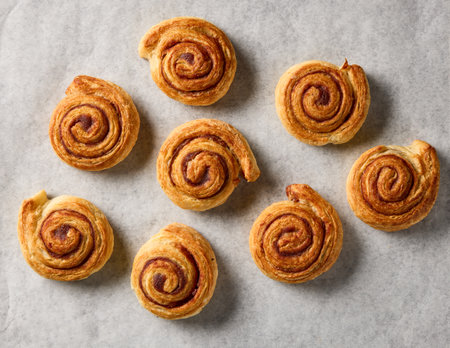 freshly baked cinnamon rolls on baking paper, top viewの写真素材