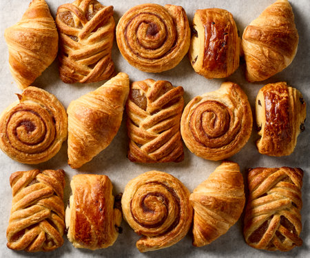 various freshly baked pastries, top viewの写真素材