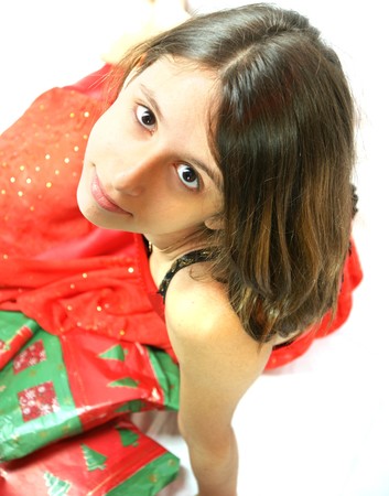 teenager, red dress, Christmas, happiness, December, celebration, festive, winter, gift packages, offer, look,の写真素材