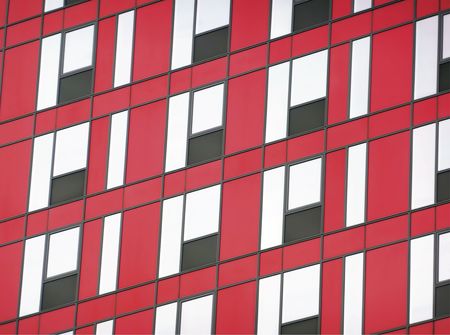 Modern facade with black and red glass panelsの写真素材