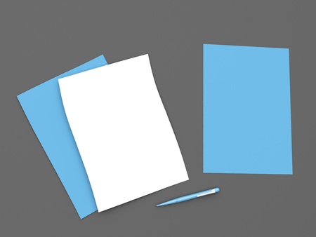 Blank papers and pen on desk. 3d image.の写真素材