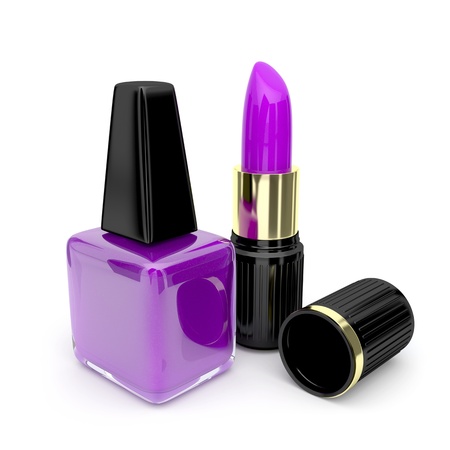 Nail polish and lipstick on white backgroundの写真素材