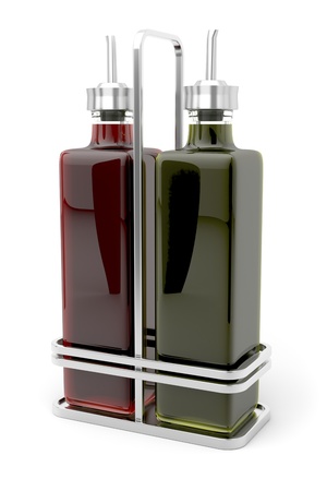 Olive oil and vinegar in metal holderの写真素材