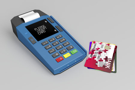 Credit card reader and many credit cards on gray backgroundの写真素材