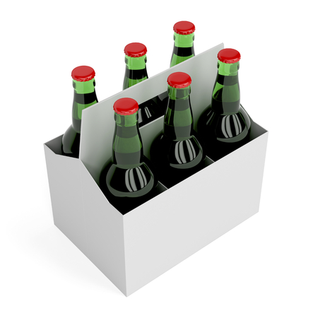 Six pack of lager beer bottles on white backgroundの写真素材