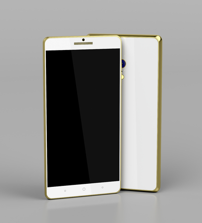Modern smartphones with golden frame on shiny gray backgroundの写真素材