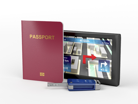 Passport, car key and navigation device on gray backgroundの写真素材