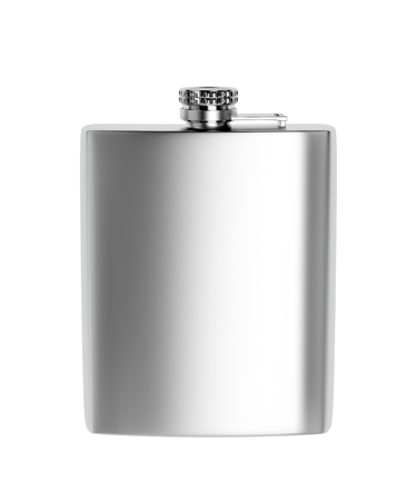 Front view of stainless steel hip flask, isolated on white background の写真素材