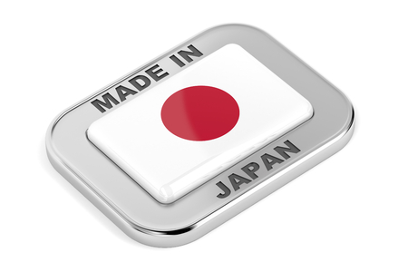 Made in Japan, shiny silver badge with Japanese flag insideの写真素材