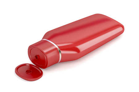 Opened shampoo bottle on white background の写真素材