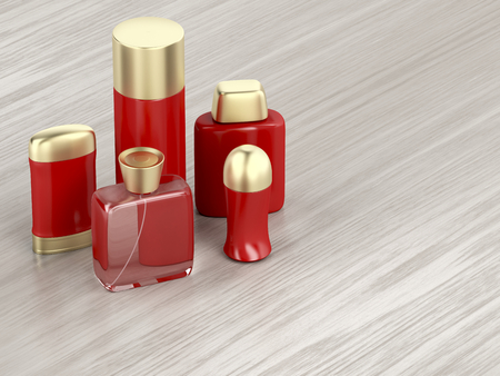 Set of men's cosmetic products on wooden tableの写真素材