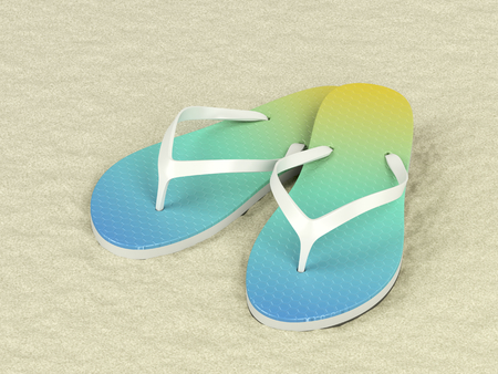 Colorful flip flops on sand, 3D illustrationの写真素材